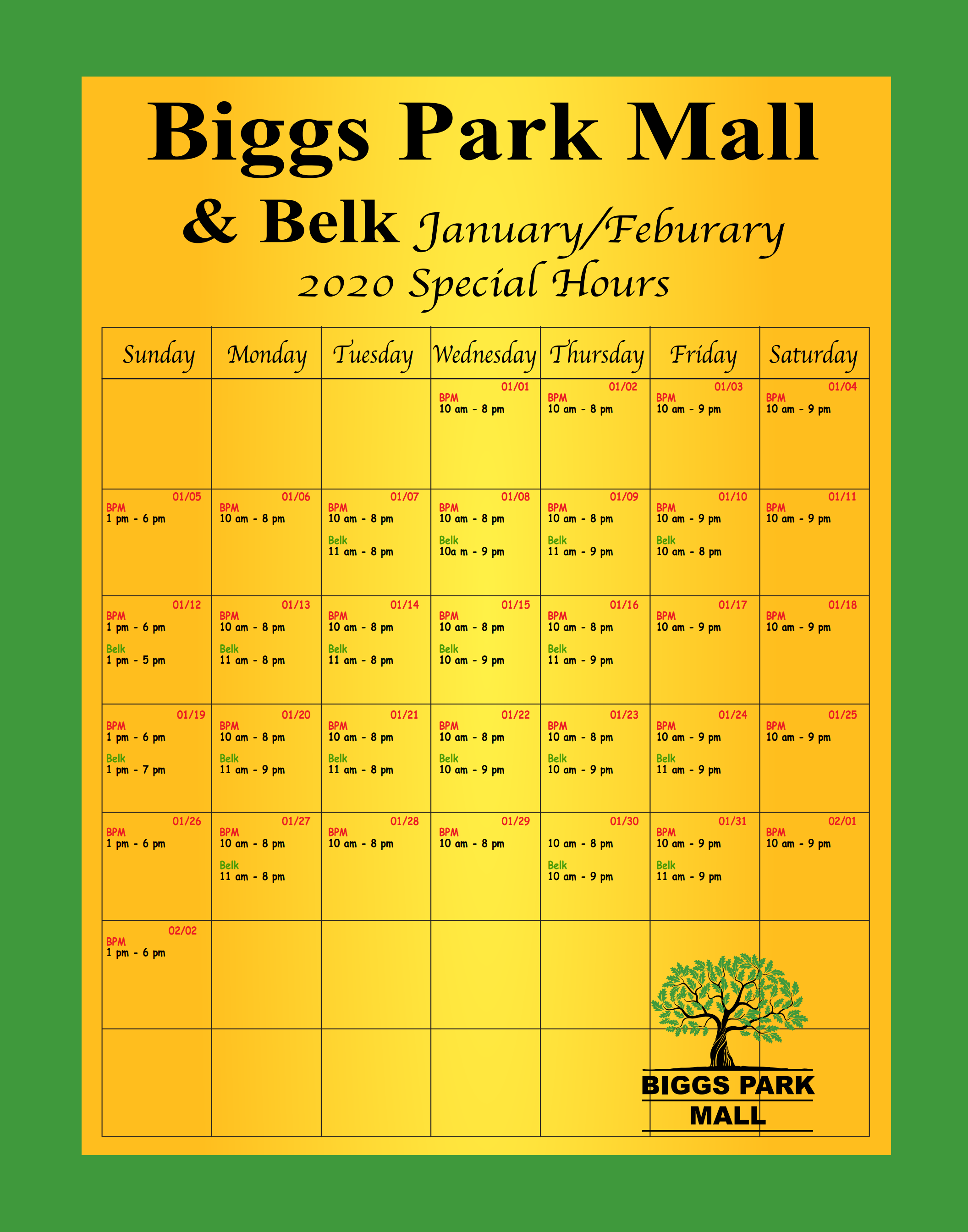 New Mall Hours & Belk Hours
